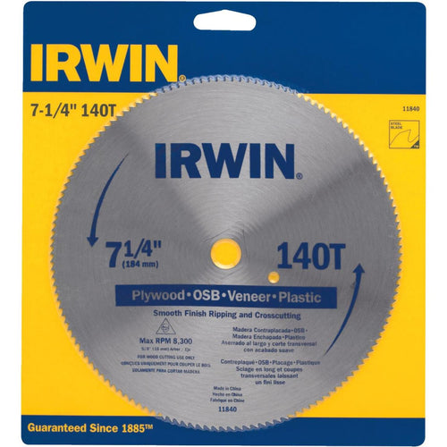 Irwin Steel 7-1/4 In. 140-Tooth Smooth Finish Ripping/Crosscutting Circular Saw Blade