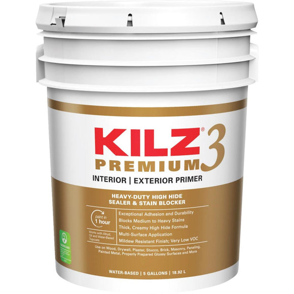 KILZ Premium Water-Base Interior/Exterior Sealer Stain Blocking Primer, White, 5 Gal.